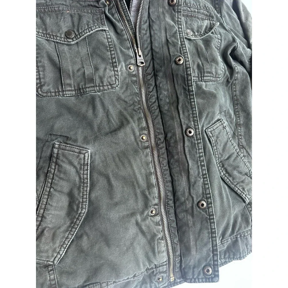 Levi Strauss & Co Mens Hooded Lined Military Jacket Full Zip Snap XS olive Green